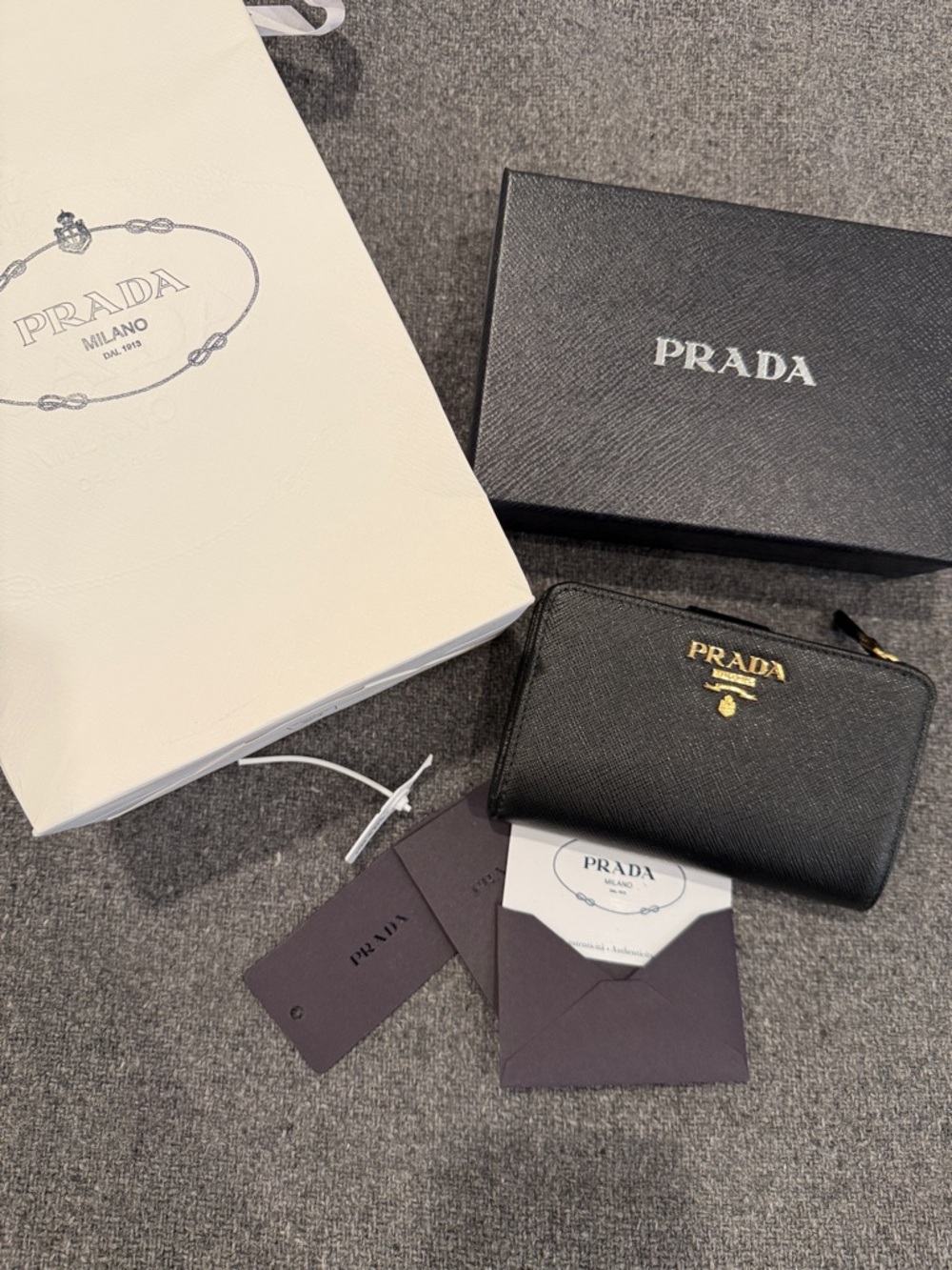 Prada Black Saffiano Zip Card Wallet with Gold Logo